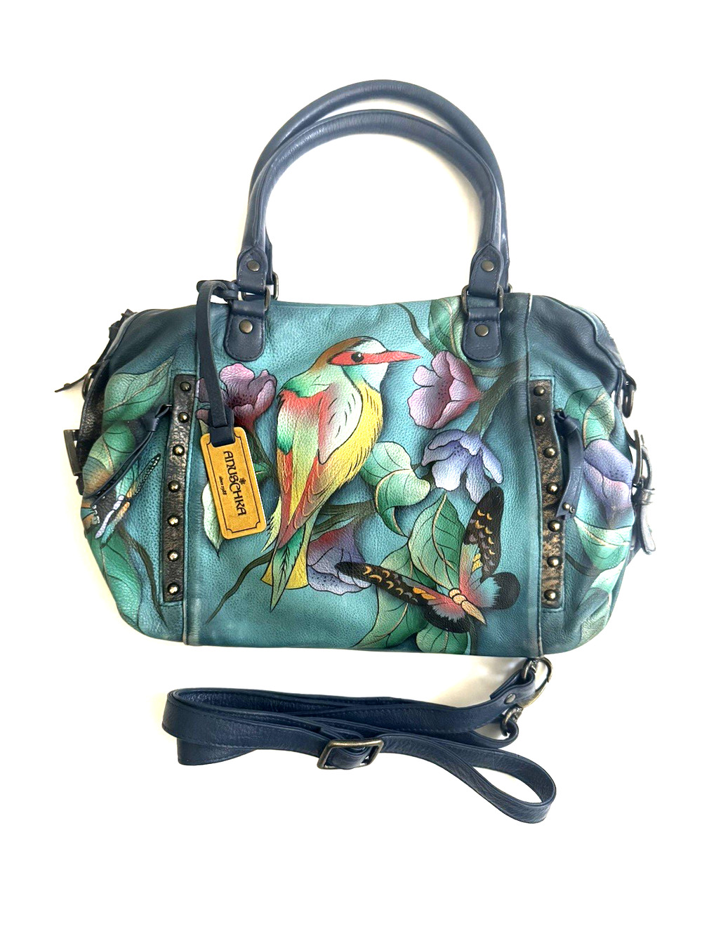Anuschka Tote Shoulder Bag Hand-Painted Leather Tropical Bird Butterfly Floral